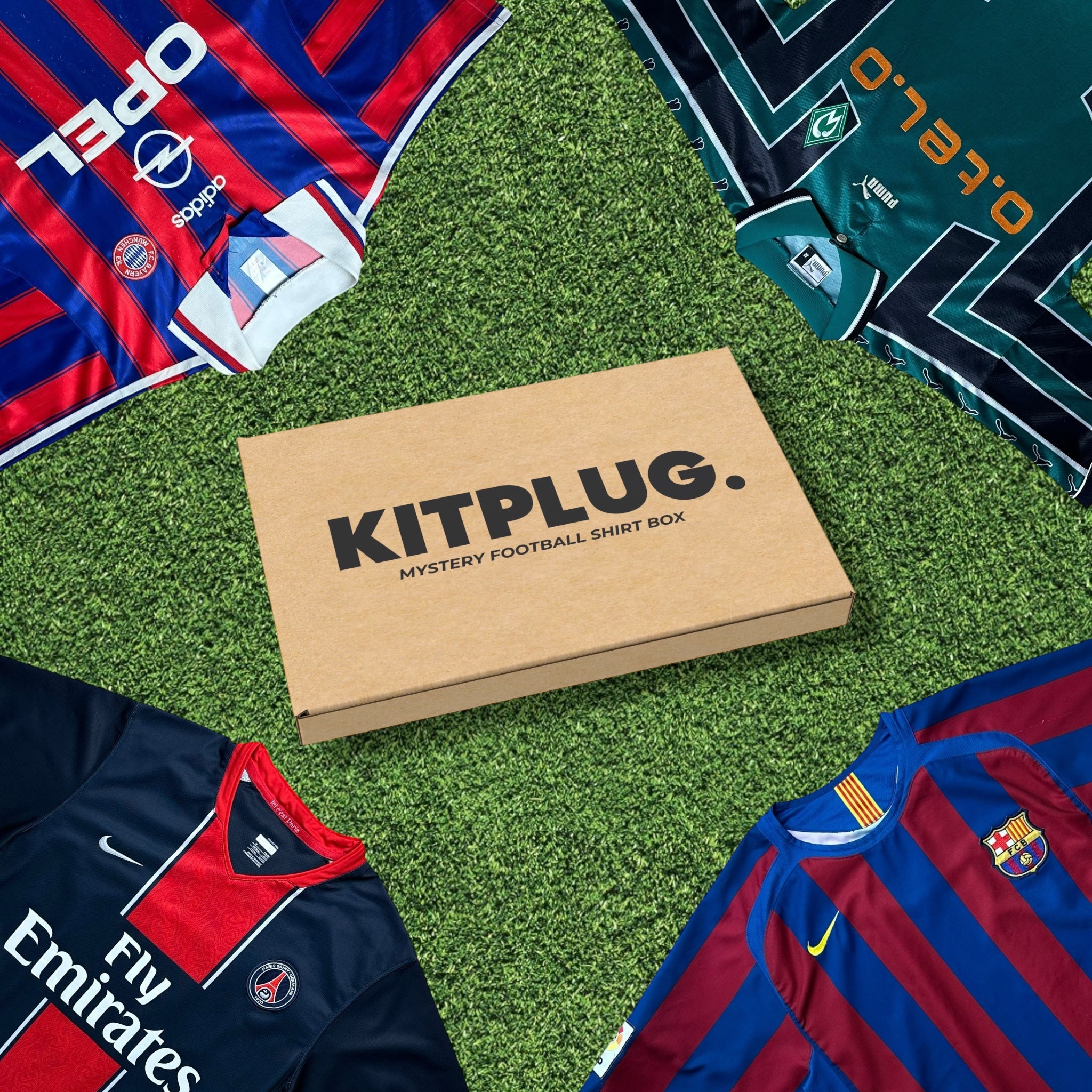 KITPLUG mystery football shirt box surrounded by various sports jerseys on a grass-like surface